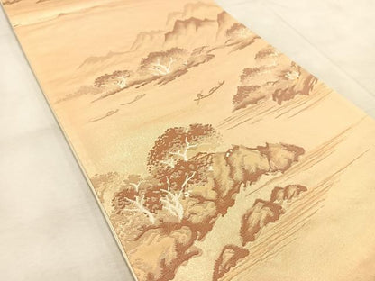 平和屋着物◎六通柄袋帯　渡船人物風景文　金糸　正絹　逸品　BAAU9992yc