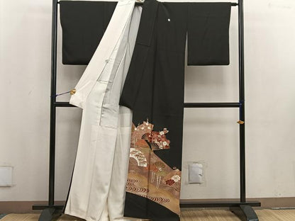 平和屋着物■豪華黒留袖　駒刺繍　扇面花文　金彩　正絹　逸品　BAAV1291mz
