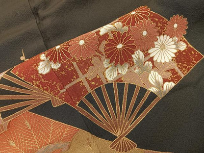 平和屋着物■豪華黒留袖　駒刺繍　扇面花文　金彩　正絹　逸品　BAAV1291mz