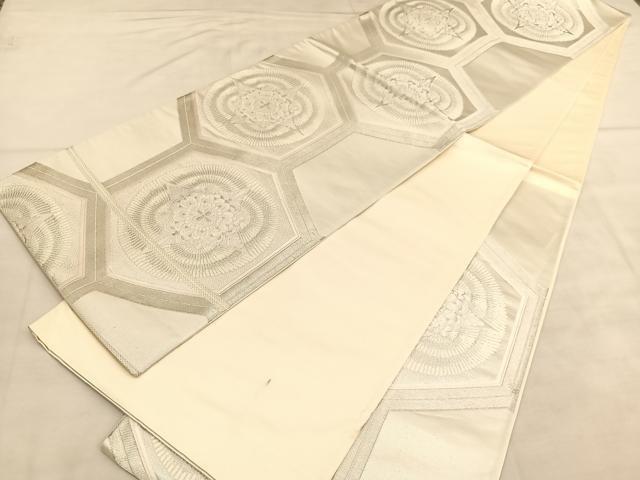 平和屋着物◎六通柄袋帯　唐織　亀甲花文　銀糸　正絹　逸品　BAAV1471hv