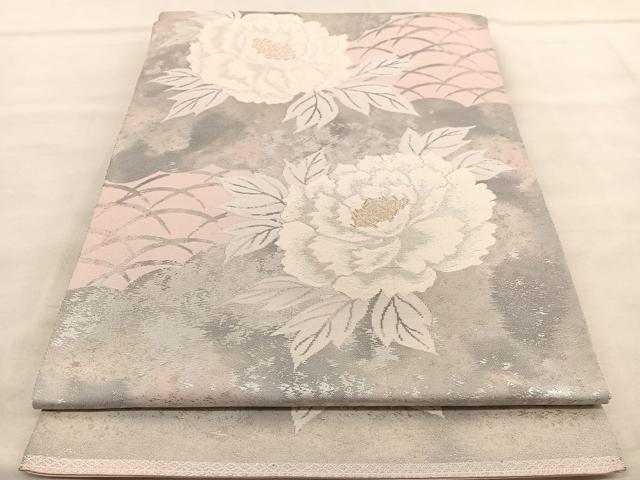 平和屋着物◎西陣　服部織物謹製　六通柄袋帯　牡丹　こはく錦　手工芸　金銀糸　正絹　逸品　BAAV1491hv