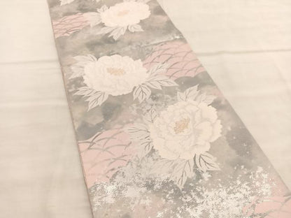 平和屋着物◎西陣　服部織物謹製　六通柄袋帯　牡丹　こはく錦　手工芸　金銀糸　正絹　逸品　BAAV1491hv