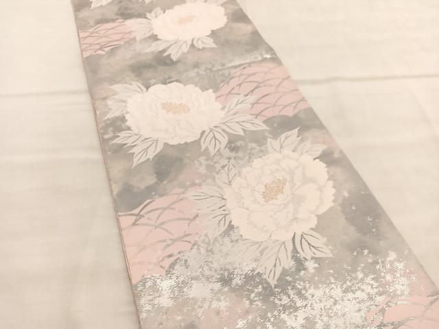 平和屋着物◎西陣　服部織物謹製　六通柄袋帯　牡丹　こはく錦　手工芸　金銀糸　正絹　逸品　BAAV1491hv