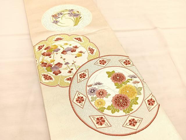 平和屋着物◎六通柄袋帯　唐織　花絵皿文　金銀糸　正絹　逸品　BAAV1504hv