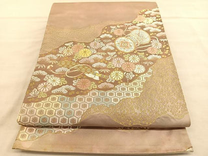 平和屋着物◎六通柄袋帯　唐織　立波楽器花文　金銀糸　正絹　逸品　BAAV1505hv