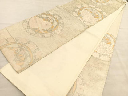 平和屋着物◎六通柄袋帯 唐織 鳳凰花丸文 銀糸 正絹 逸品 BAAV1508hv