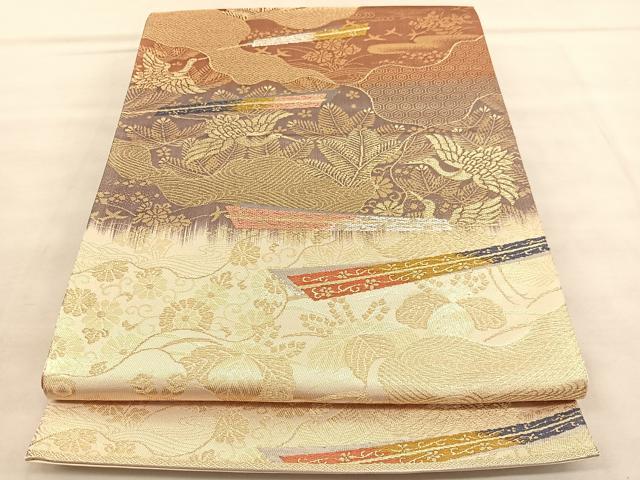 平和屋着物◎六通柄袋帯 唐織 扇飛鶴松桐文 プラチナ二重織 正絹 逸品 BAAV1522hv