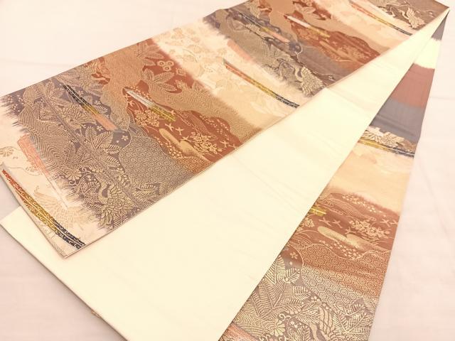平和屋着物◎六通柄袋帯 唐織 扇飛鶴松桐文 プラチナ二重織 正絹 逸品 BAAV1522hv