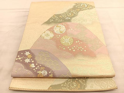 平和屋着物◎六通柄袋帯 唐織 歌仙 遠山有職花鳥文 金糸 正絹 逸品 BAAV1527hv