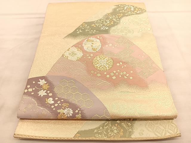 平和屋着物◎六通柄袋帯 唐織 歌仙 遠山有職花鳥文 金糸 正絹 逸品 BAAV1527hv