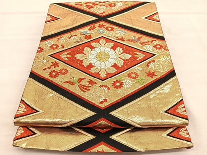 平和屋着物◎六通柄袋帯　唐織　都緞子　花菱文　黒地　金糸　正絹　逸品　BAAV1530hv