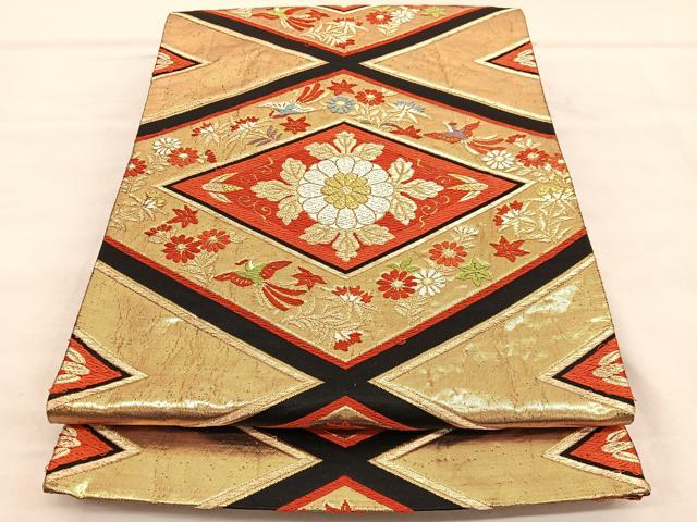 平和屋着物◎六通柄袋帯　唐織　都緞子　花菱文　黒地　金糸　正絹　逸品　BAAV1530hv