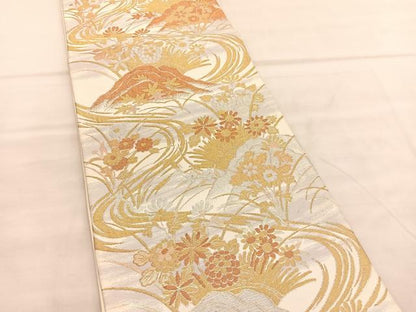 平和屋着物◎六通柄袋帯 流水花文 金銀糸 BAAV1532hv
