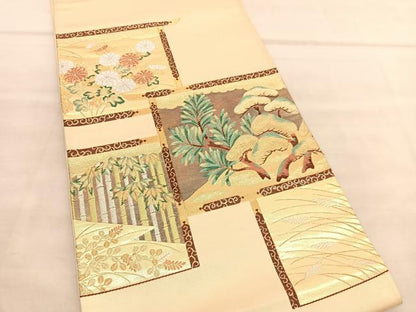 平和屋着物◎太鼓柄袋帯　唐織　松竹秋草文　金銀糸　正絹　逸品　BAAV1541hv