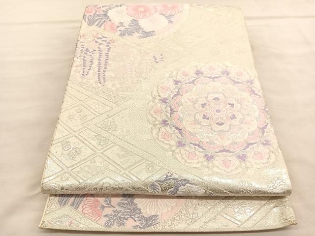 平和屋着物◎六通柄袋帯 唐織 正倉院花文 銀糸 正絹 逸品 BAAV1552hv