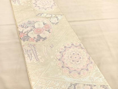 平和屋着物◎六通柄袋帯 唐織 正倉院花文 銀糸 正絹 逸品 BAAV1552hv