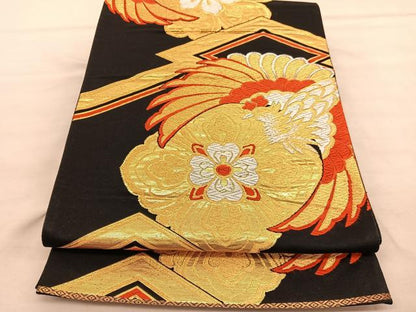 平和屋着物◎六通柄袋帯　唐織　鳳凰花文　黒地　金銀糸　正絹　逸品　BAAV1559hv