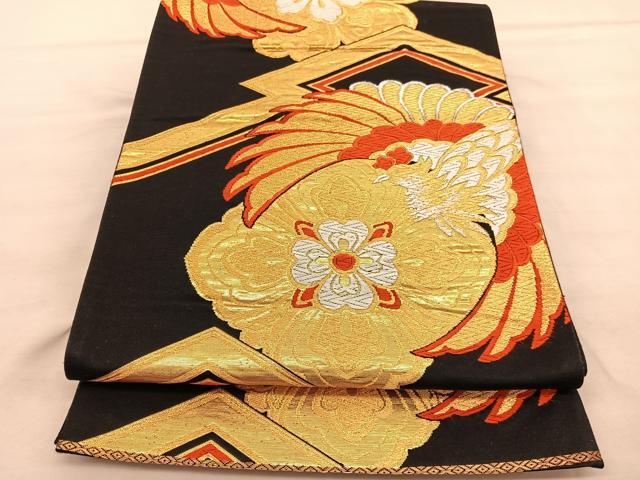 平和屋着物◎六通柄袋帯　唐織　鳳凰花文　黒地　金銀糸　正絹　逸品　BAAV1559hv