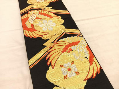 平和屋着物◎六通柄袋帯　唐織　鳳凰花文　黒地　金銀糸　正絹　逸品　BAAV1559hv