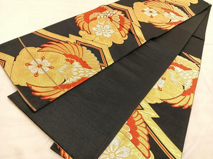 平和屋着物◎六通柄袋帯　唐織　鳳凰花文　黒地　金銀糸　正絹　逸品　BAAV1559hv