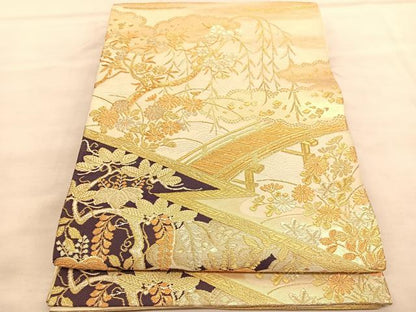 平和屋着物◎六通柄袋帯 渡橋風景花文 金糸 正絹 逸品 BAAV1570hv