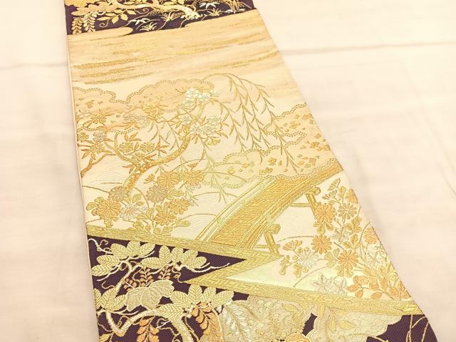 平和屋着物◎六通柄袋帯 渡橋風景花文 金糸 正絹 逸品 BAAV1570hv