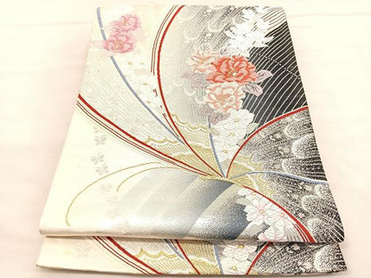 平和屋着物◎六通柄袋帯　唐織　花蝶文　金銀糸　正絹　逸品　BAAV1597hv