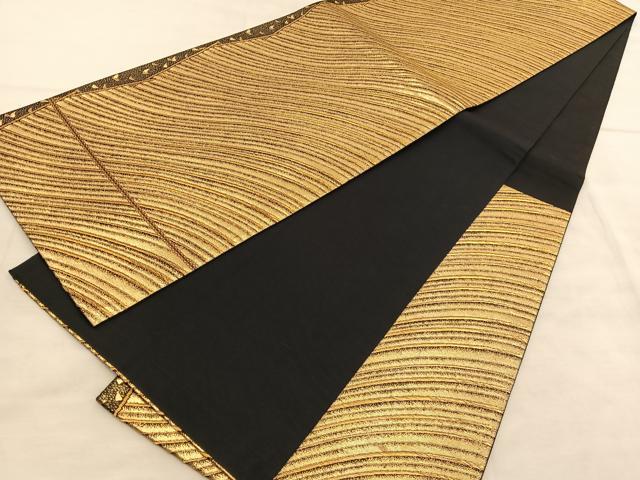 平和屋着物◎六通柄袋帯　流線文　黒地　金糸　正絹　逸品　BAAV1599hv