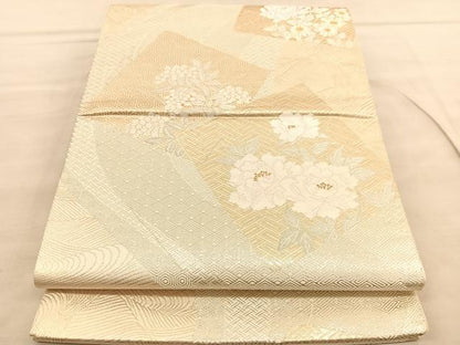 平和屋着物◎六通柄袋帯　色紙牡丹南天文　金銀糸　正絹　逸品　BAAV1616hv