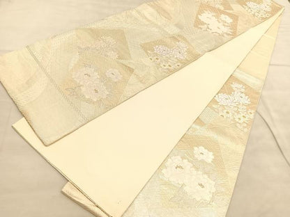 平和屋着物◎六通柄袋帯　色紙牡丹南天文　金銀糸　正絹　逸品　BAAV1616hv