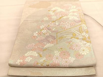 平和屋着物◎六通柄袋帯 唐織 飛鶴浜松花文 金糸 正絹 逸品 BAAV1617hv