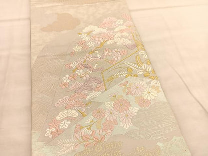 平和屋着物◎六通柄袋帯 唐織 飛鶴浜松花文 金糸 正絹 逸品 BAAV1617hv