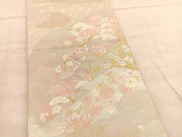 平和屋着物◎六通柄袋帯 唐織 飛鶴浜松花文 金糸 正絹 逸品 BAAV1617hv