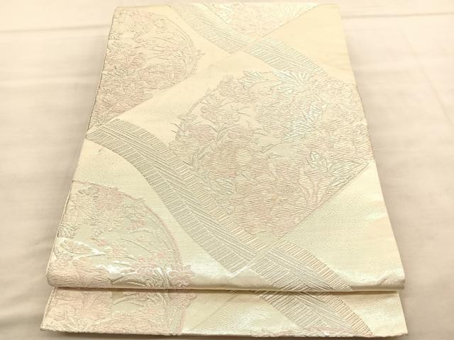 平和屋着物◎六通柄袋帯 唐織 瓦牡丹丸文 銀糸 正絹 逸品 BAAV1618hv