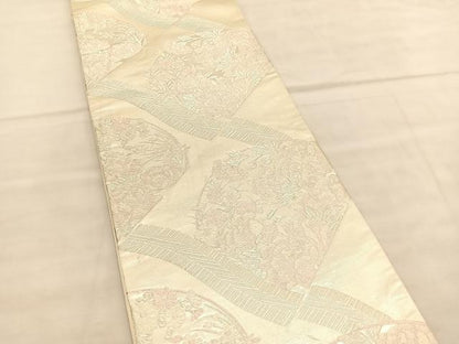 平和屋着物◎六通柄袋帯 唐織 瓦牡丹丸文 銀糸 正絹 逸品 BAAV1618hv