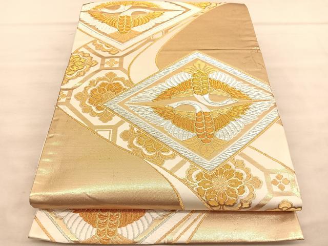 平和屋着物◎六通柄袋帯　唐織　双鶴菱文　金銀糸　正絹　逸品　BAAV1657hv