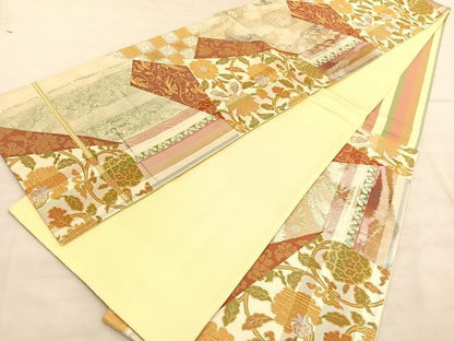 平和屋着物◎六通柄袋帯　花鳥唐草文　銀糸　正絹　逸品　BAAV1670hv