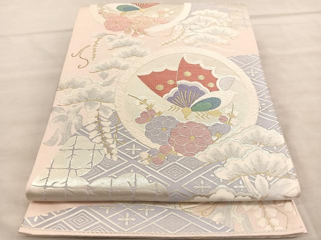 平和屋着物◎六通柄袋帯 唐織 花蝶丸文 金銀糸 正絹 逸品 BAAV1675hv