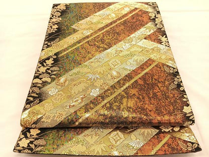 平和屋着物◎六通柄袋帯 宝尽くし秋草文 黒地 金銀糸 引箔 正絹 逸品 BAAV1680hv