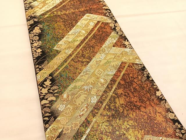 平和屋着物◎六通柄袋帯 宝尽くし秋草文 黒地 金銀糸 引箔 正絹 逸品 BAAV1680hv