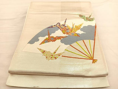 平和屋着物◎六通柄袋帯　唐織　折り鶴扇面文　金糸　正絹　逸品　BAAV1689hv