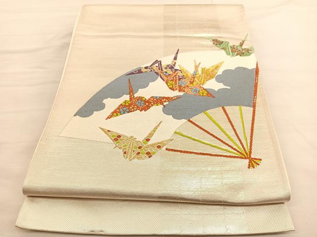 平和屋着物◎六通柄袋帯　唐織　折り鶴扇面文　金糸　正絹　逸品　BAAV1689hv