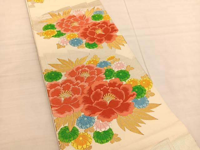 平和屋着物◎六通柄袋帯　唐織　檜扇牡丹菊文　金糸　正絹　逸品　BAAV1695hv