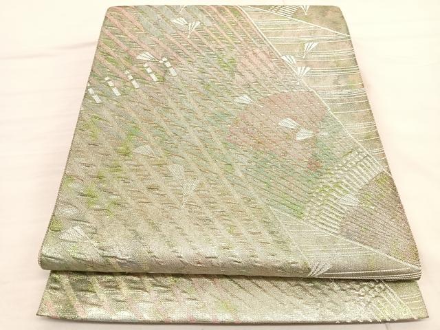 平和屋着物◎六通柄袋帯　ふくれ織　舞扇面文　銀糸　正絹　逸品　BAAV1700hv