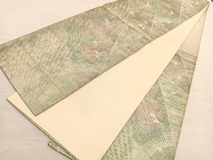 平和屋着物◎六通柄袋帯　ふくれ織　舞扇面文　銀糸　正絹　逸品　BAAV1700hv
