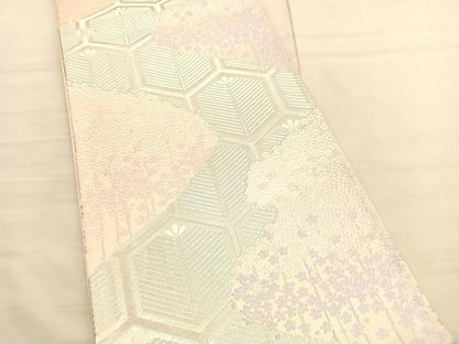 平和屋着物◎六通柄袋帯　唐織　亀甲花文　銀糸　正絹　逸品　BAAV1715hv