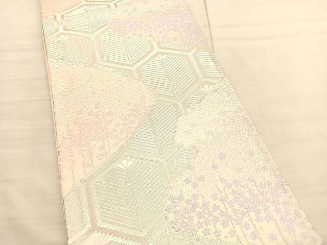 平和屋着物◎六通柄袋帯　唐織　亀甲花文　銀糸　正絹　逸品　BAAV1715hv