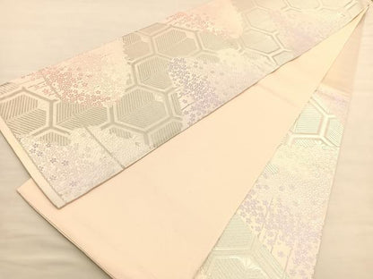 平和屋着物◎六通柄袋帯　唐織　亀甲花文　銀糸　正絹　逸品　BAAV1715hv