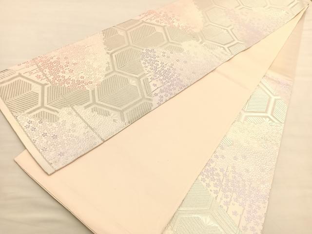 平和屋着物◎六通柄袋帯　唐織　亀甲花文　銀糸　正絹　逸品　BAAV1715hv