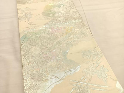 平和屋着物◎西陣　六通柄袋帯　横笛秋草文　銀糸　証紙付き　正絹　逸品　BAAV1732hv